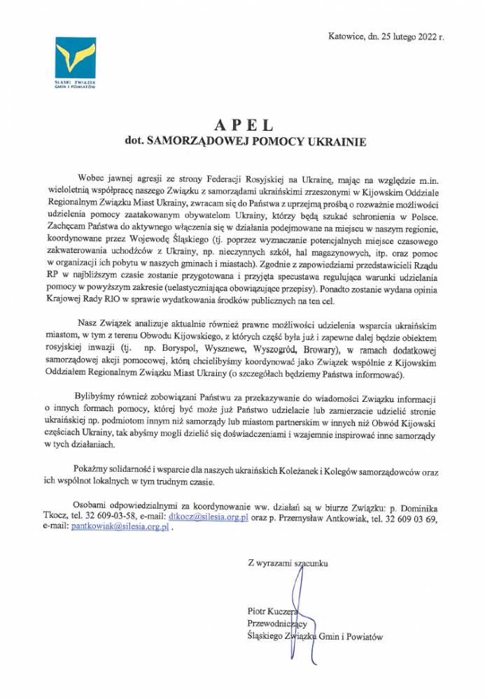 : APEL dot. samorządowej pomocy Ukrainie
